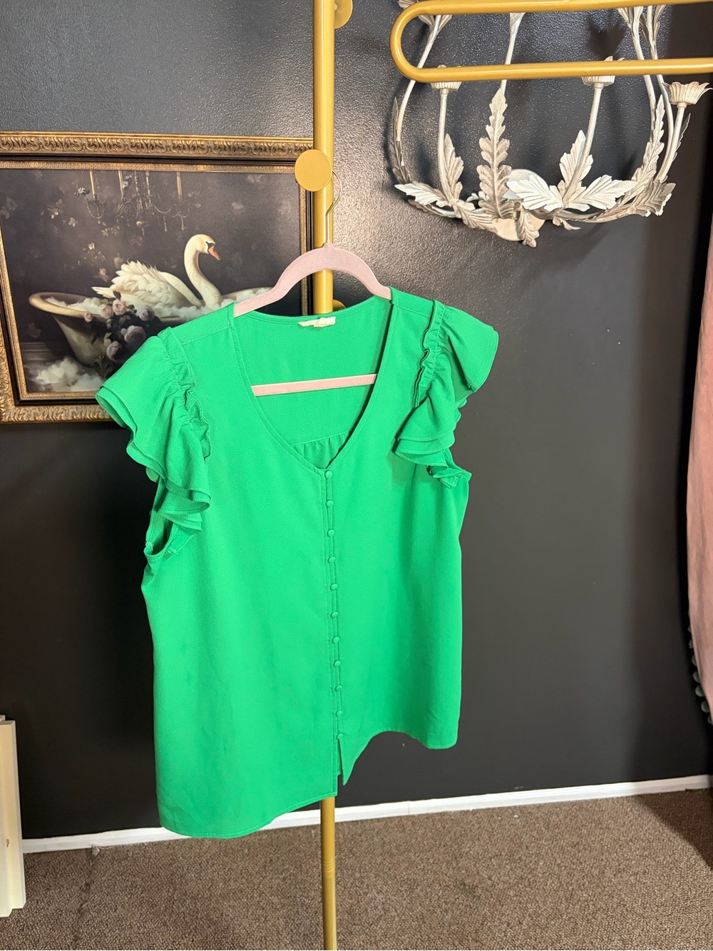 Bright Green Ruffle Sleeve V-Neck Blouse